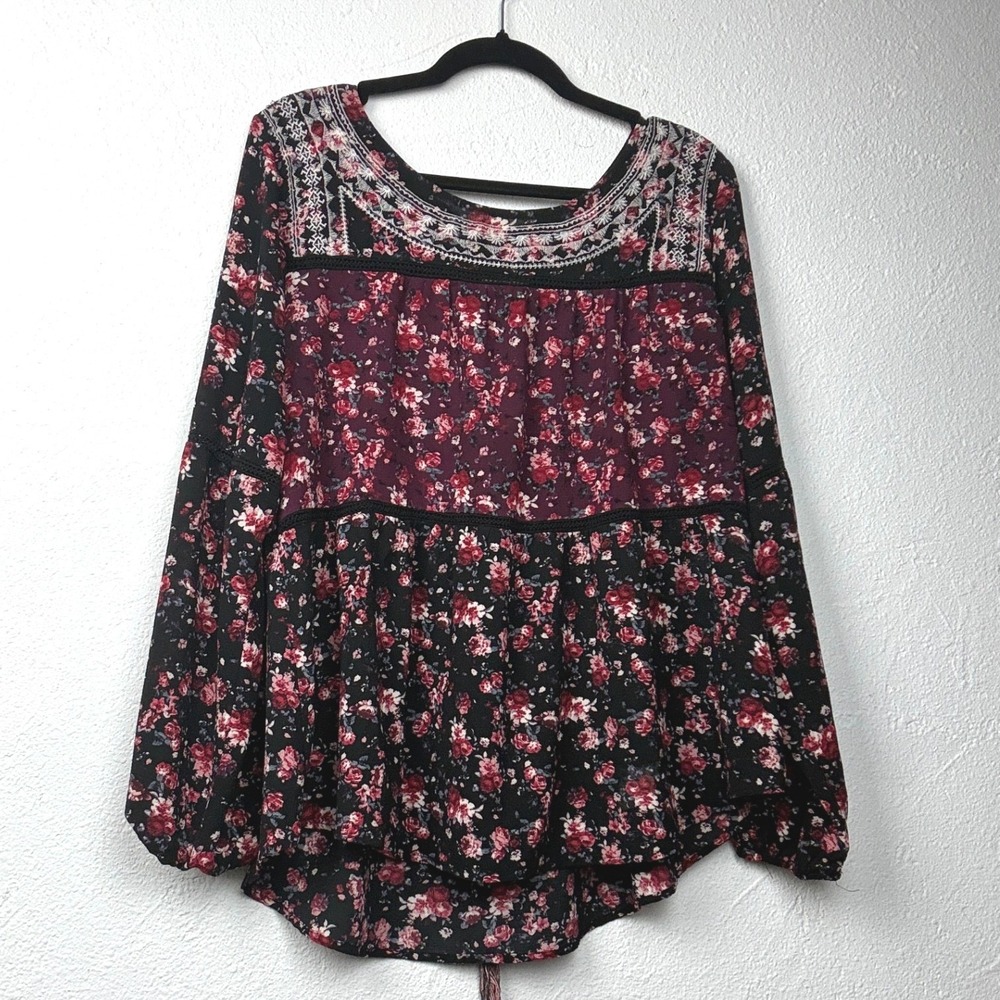 Knox Rose Black Floral Peplum Top - L - Lace Up Back Boho Embroidered Romantic